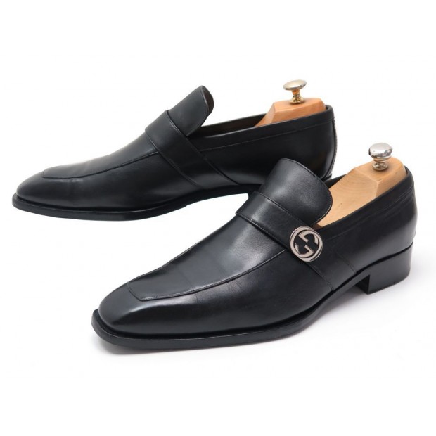CHAUSSURES GUCCI 114416 MOCASSINS T44 EN CUIR NOIR LOGO GG LOAFERS SHOES 600