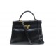  VINTAGE SAC A MAIN HERMES KELLY CUIR BOX NOIR 33CM + DUSTBAG