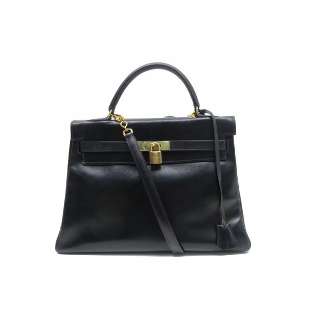 SAC A MAIN HERMES KELLY EN CUIR BOX NOIR 33CM + ANSE BANDOULIERE DUSTBAG 7200€