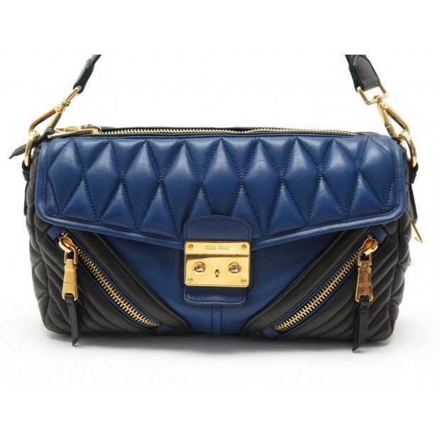 NEUF SAC A MAIN MIU MIU RR19004 NAPPA BIKER CUIR MATELASSE BLEU & NOIR BAG 1430€