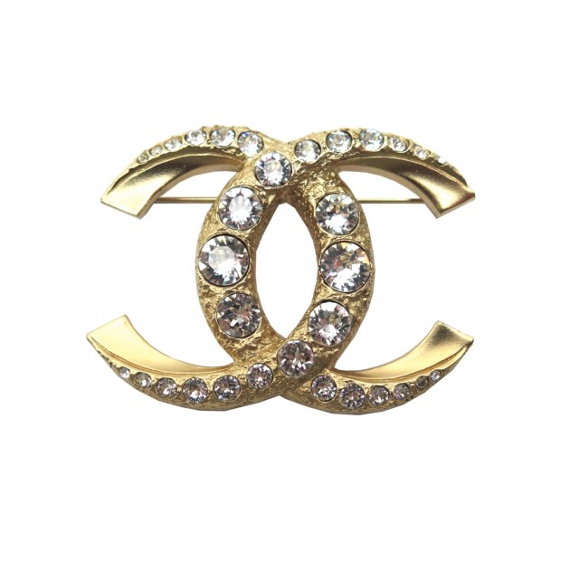 NEUF BROCHE CHANEL LOGO CC METAL DORE & STRASS GOLDEN METAL GLITTERS BROOCH 590€