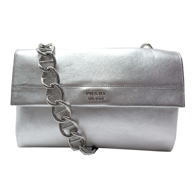 NEUF SAC A MAIN PRADA B5097C CUIR VITELLO SOFT CUIR ARGENTE SILVER HANDBAG 3000