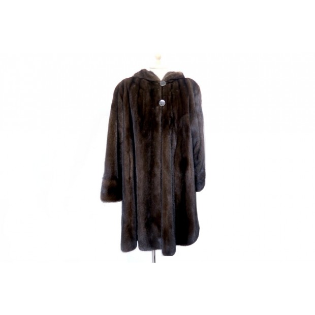 MANTEAU LONG A CAPUCHE CAROLINE BOBER 38 40 M EN FOURRURE DE VISON MARRON COAT