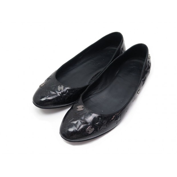 CHAUSSURES CHANEL G26070 BALLERINES 38 ETOILES LOGO CUIR NOIR BOITE SHOES 590€