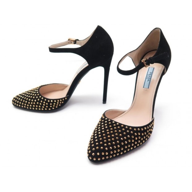 NEUF CHAUSSURES PRADA ESCARPINS 39.5 EN DAIM NOIR & STRASS DORE PUMP SHOES 530