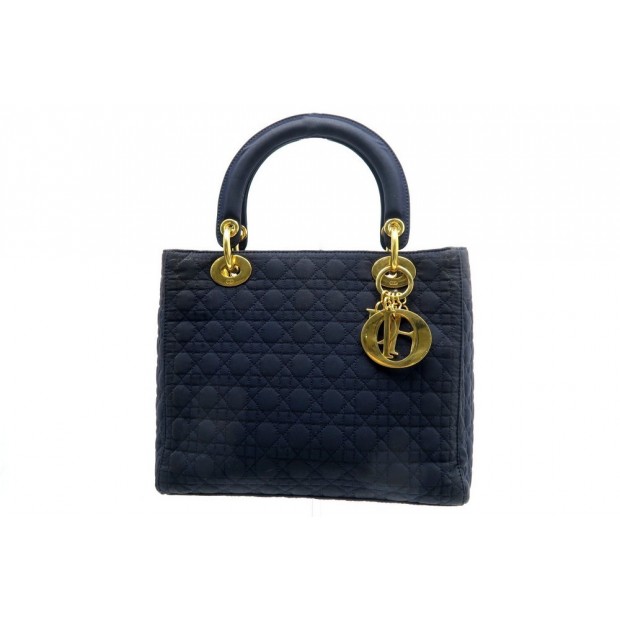 SAC A MAIN CHRISTIAN DIOR LADY DIOR 24 CM PM EN TOILE BLEU MARINE HAND BAG 1900€