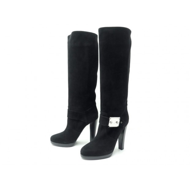 NEUF CHAUSSURES HERMES BOTTES TENTATION BOUCLES 40.5 EN VELOURS NOIR BOOTS 1100€