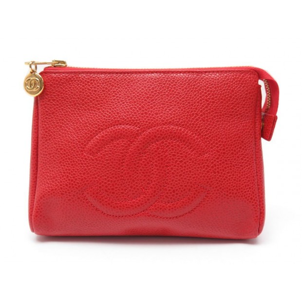 NEUF TROUSSE POCHETTE A MAIN CHANEL CUIR CAVIAR ROUGE LOGO CC SAC CLUTCH 630€