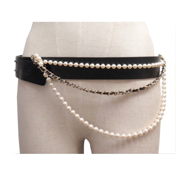 NEUF CEINTURE CHANEL T 85 EN CUIR NOIR CHAINE & PERLES 