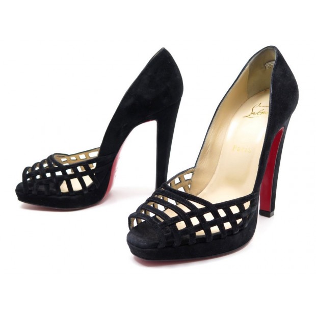 CHAUSSURES CHRISTIAN LOUBOUTIN ESCARPINS SANDALES 37.5 DAIM NOIR PUMP SHOES 840