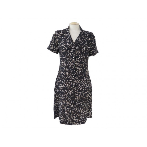 VINTAGE ROBE CHANEL P01668 T 40 M EN SOIE NOIR MOTIFS CAMELIAS SILK DRESS 4730