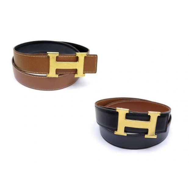 CEINTURE HERMES 76 BOUCLE H DORE REVERSIBLE CUIR BOX NOIR EPSOM MARRON BELT 635