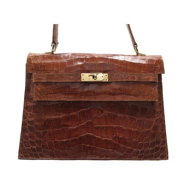 VINTAGE SAC A MAIN 31 CM EN CUIR DE CROCODILE MARRON STYLE KELLY LEATHER HANDBAG