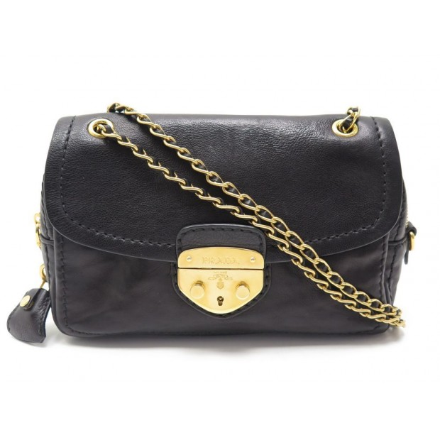 SAC A MAIN PRADA 24CM EN CUIR NOIR ATTRIBUTS DORE BANDOULIERE BLACK PURSE 1800€