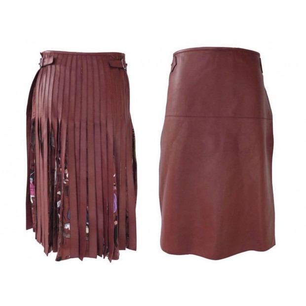 JUPE KILT HERMES JEAN PAUL GAULTIER T38 M EN CUIR & SOIE MARRON SILK SKIRT 4000