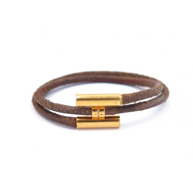 BRACELET HERMES TOURNIS EN METAL DORE ET CORDON CUIR MARRON T17 + BOITE 350