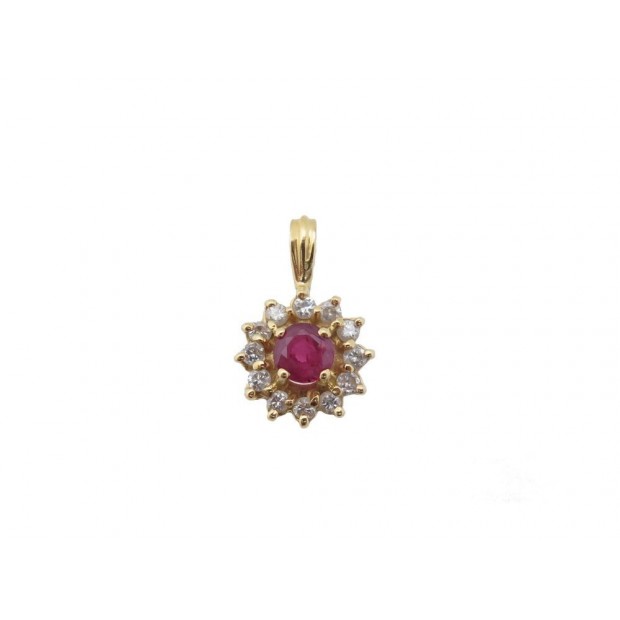 PENDENTIF EN OR JAUNE 18K 12 DIAMANTS 0.12 CT RUBIS 0.45CT GOLD PENDANT DIAMONDS