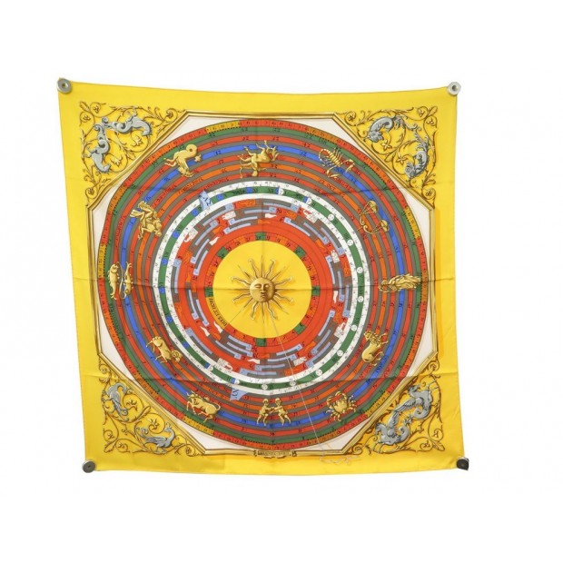 VINTAGE FOULARD HERMES ASTROLOGIE DIES ET HORE CARRE 90 SOIE JAUNE SCARF 360