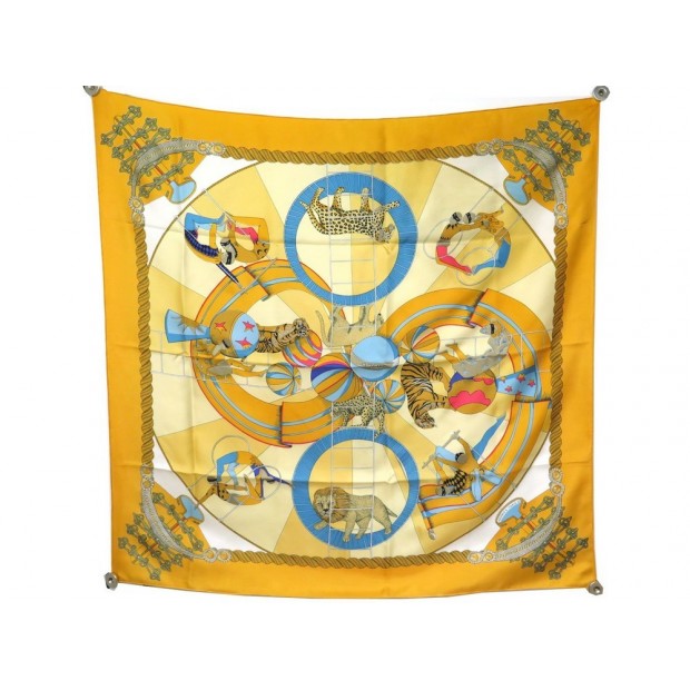 FOULARD HERMES CIRCUS CIRQUE ANNIE FAIVRE CARRE 100% SOIE JAUNE BLEU SILK SCARF