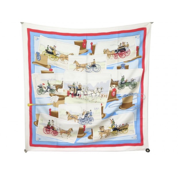 VINTAGE FOULARD HERMES CALECHES VOITURES A CHEVAUX CARROSSES EN SOIE BLANC SCARF