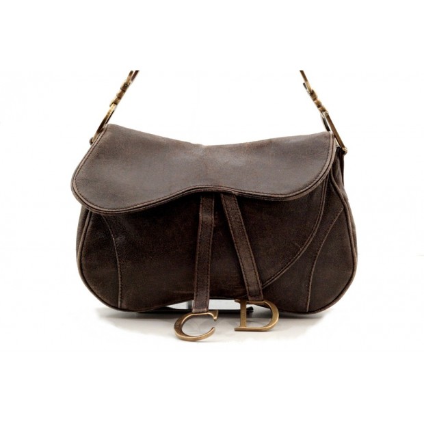 SAC A MAIN CHRISTIAN DIOR SADDLE CUIR EFFET VIELLIT MARRON 