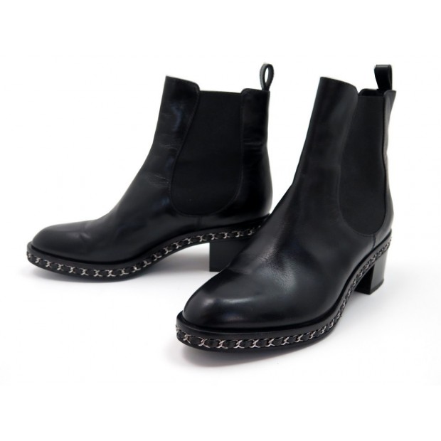 CHAUSSURES CHANEL CHELSEA CHAINE G30408 41 BOTTINES EN CUIR NOIR BOOTS 1300€