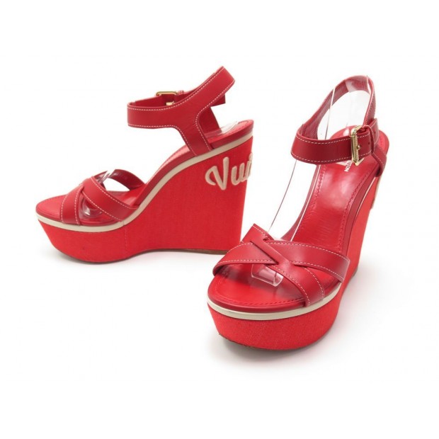 CHAUSSURES LOUIS VUITTON SANDALES 39 COMPENSEES CUIR ROUGE RED PUMP SHOES 690€