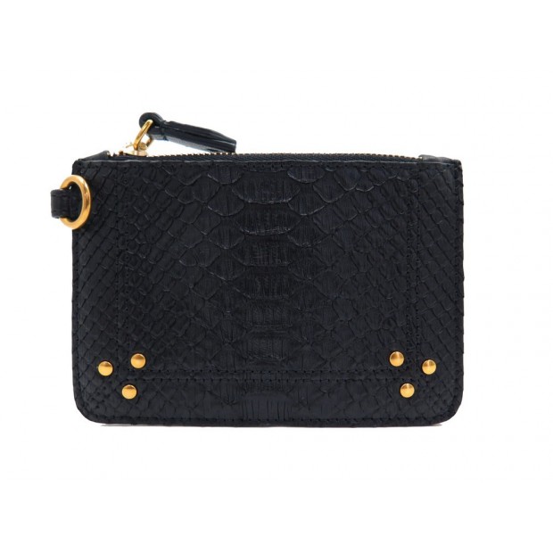 NEUF POCHETTE JEROME DREYFUSS POPOCHE XS CUIR PYTHON NOIR PORTE CARTE POUCH 190€