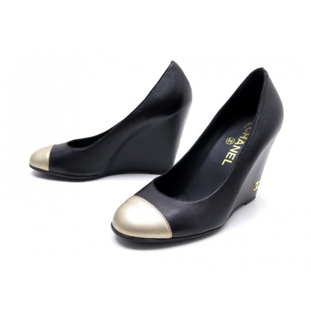 CHAUSSURES CHANEL A TALONS COMPENSES T 5 38 CUIR BICOLORE NOIR & DORE SHOES 650