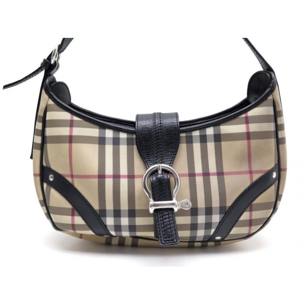 SAC A MAIN BURBERRY 29 CM EN TOILE TARTAN BEIGE & CUIR NOIR CANVAS HAND BAG 620