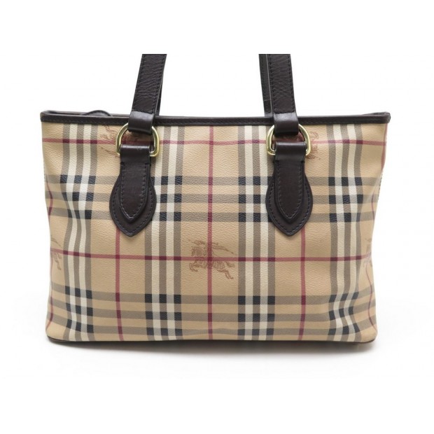 SAC A MAIN BURBERRY HAYMARKET TOILE TARTAN CHECK BEIGE CUIR TOTE BAG PURSE 710€