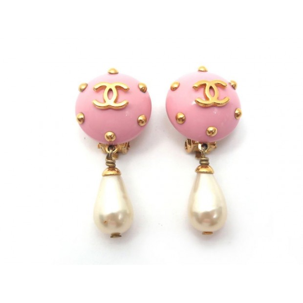 BOUCLES D OREILLES CHANEL LOCO CC PERLES ET METAL DORE ROSE GOLDEN EARRINGS 480€