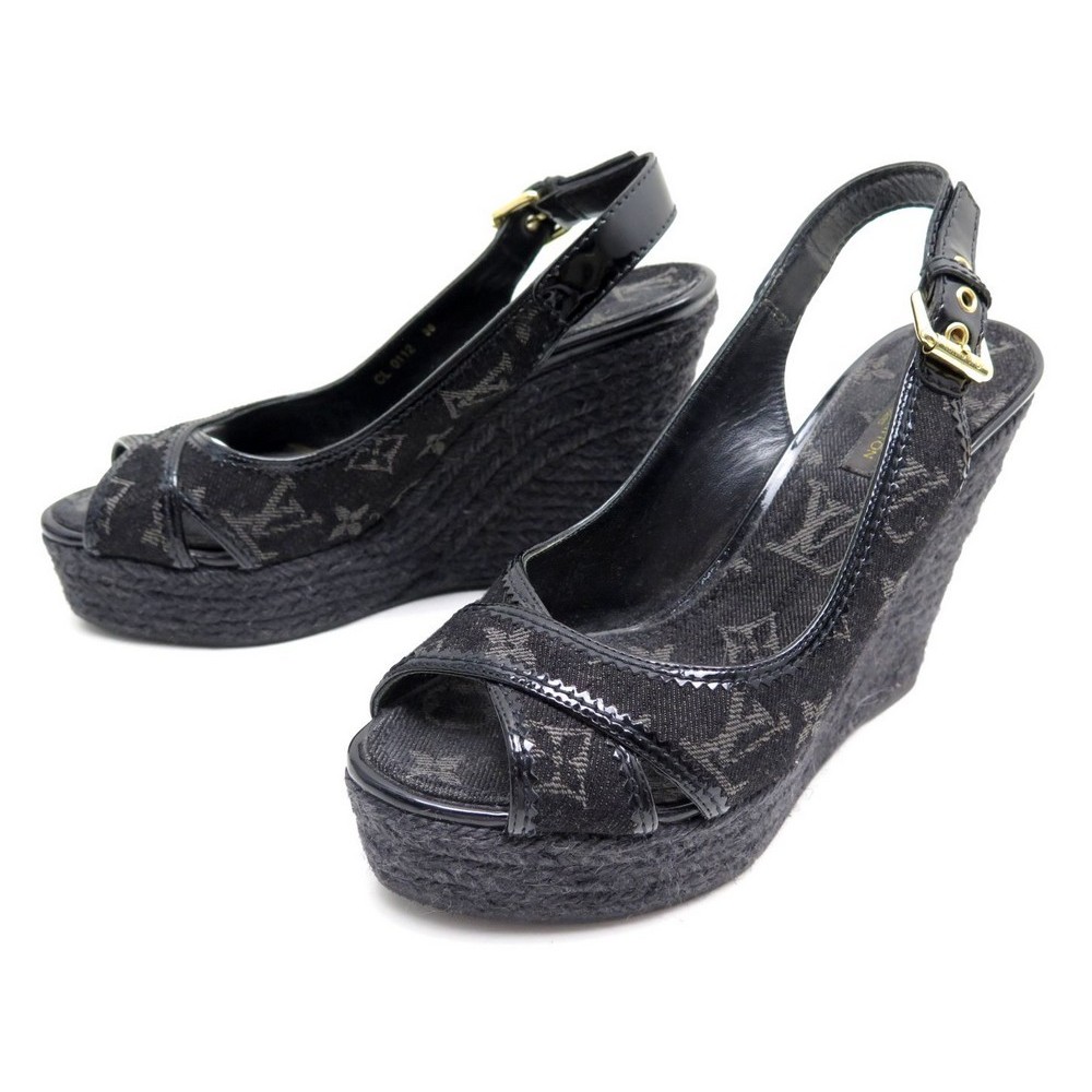 Louis Vuitton Denim Monogram Denim Bastille Espadrille Slingback Platform  Wedge Sandals Size 38 Louis Vuitton