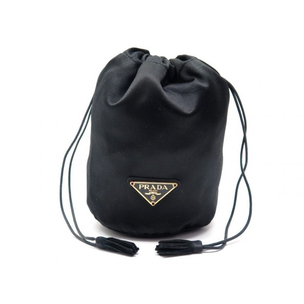 SAC A MAIN PRADA POCHETTE EN SATIN NOIR 16 CM & PAMPILLES BLACK POUCH PURSE 750