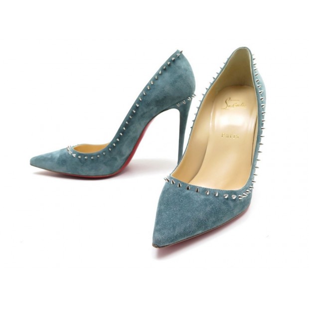 NEUF CHAUSSURES CHRISTIAN LOUBOUTIN ANJALINA ESCARPINS CLOUTES EN DAIM BLEU 675