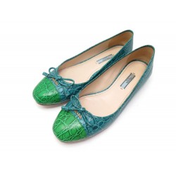 CHAUSSURES PRADA BALLERINES T 38 EN CUIR FACON CROCO BLEUE ET VERTE SHOES 560