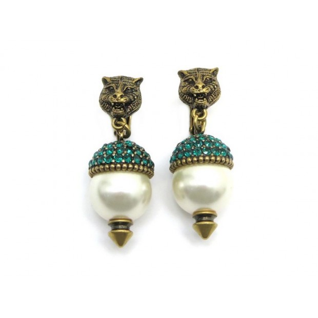 NEUF BOUCLES D OREILLES GUCCI FELIN 434710 EN METAL DORE FELINE EARRINGS 360€