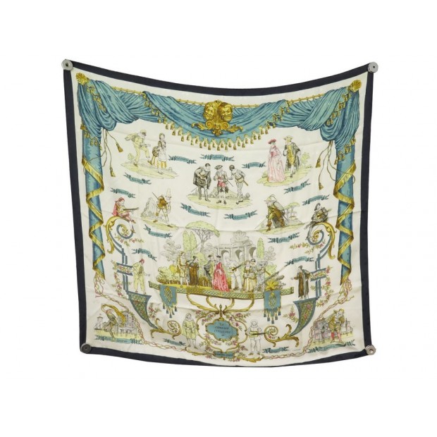 FOULARD HERMES LA COMEDIE ITALIENNE LEDOUX CARRE 90 SOIE CREME SILK SCARF 370