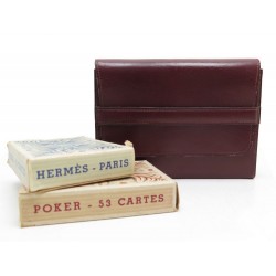 2 JEUX DE CARTES POKER + ETUI HERMES EN CUIR BOX BORDEAUX TWO DECK OF CARDS CASE