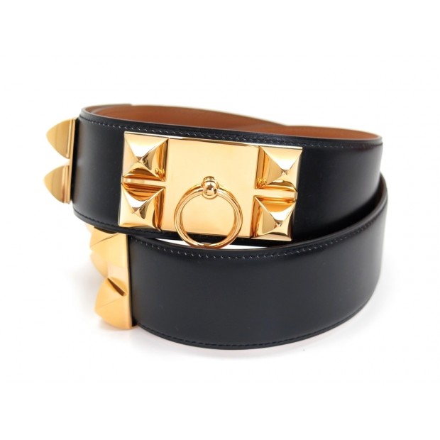 NEUF CEINTURE HERMES COLLIER DE CHIEN MEDOR T 85 CUIR BOX NOIR & DORE BELT 1730