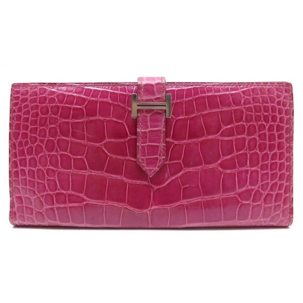 PORTEFEUILLE HERMES BEARN CUIR CROCODILE ROSE + BOITE PINK LEATHER WALLET 5650€