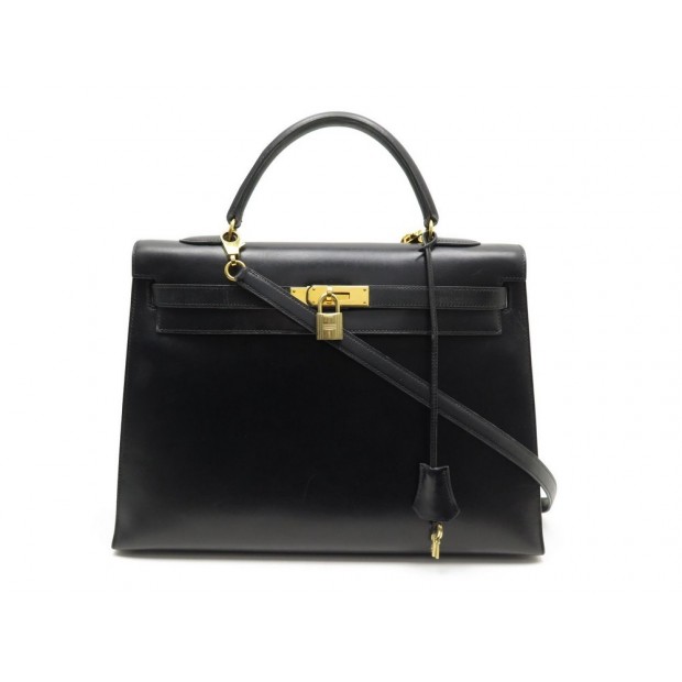 SAC A MAIN HERMES KELLY 36 SELLIER EN CUIR BOX NOIR BANDOULIERE HAND BAG 7700€