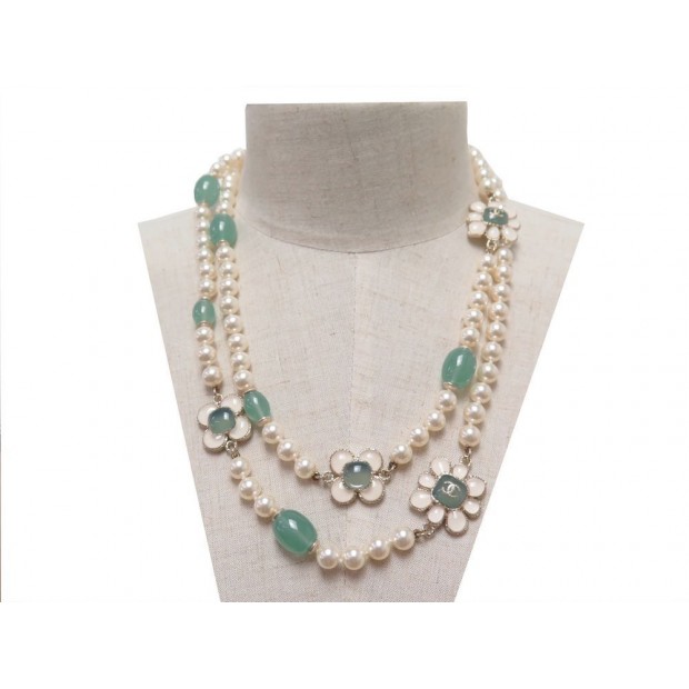 NEUF COLLIER CHANEL SAUTOIR EN PERLES DE NACRES ET JADE PEARLS NECKLACE 1250€