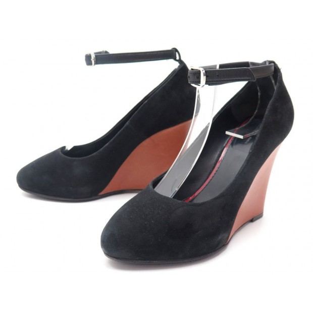 CHAUSSURES CELINE PUMP WEDGE 90 ESCARPINS COMPENSES 36 EN DAIM NOIR + BOITE 760€