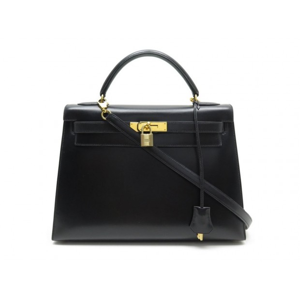 SAC A MAIN HERMES KELLY 33 SELLIER 1993 CUIR BOX NOIR BANDOULIERE HAND BAG 7500€