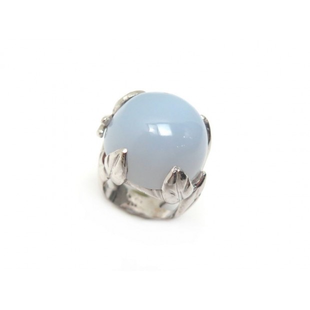 BAGUE T 49 EN OR BLANC 18K SERTIE CABOCHON PIERRE BLEUTEE DIAMANTS GOLD RING