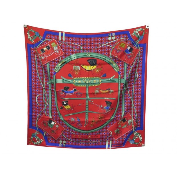 VINTAGE NEUF FOULARD HERMES LES VOITURES NOUVELLES SOIE ROUGE CARRE SCARF 370€