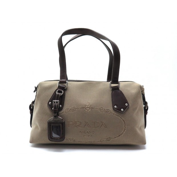 SAC A MAIN PRADA LOGO TOILE JACQUARD ET CUIR MARRON CANVAS SHOULDER HANDBAG 850€