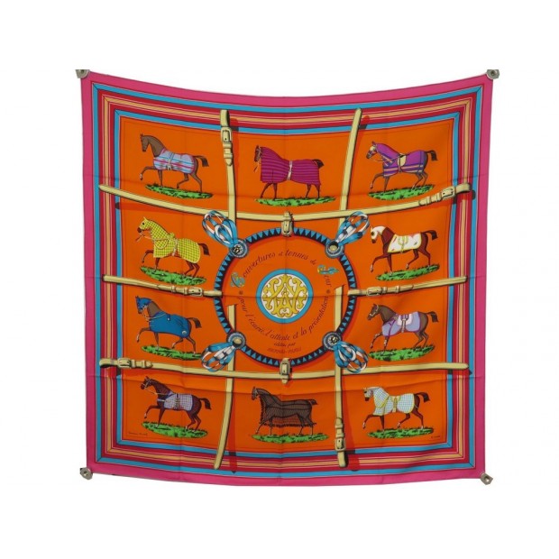 FOULARD HERMES COUVERTURES ET TENUES DE JOUR EUDEL SOIE ORANGE CARRE SCARF 370€