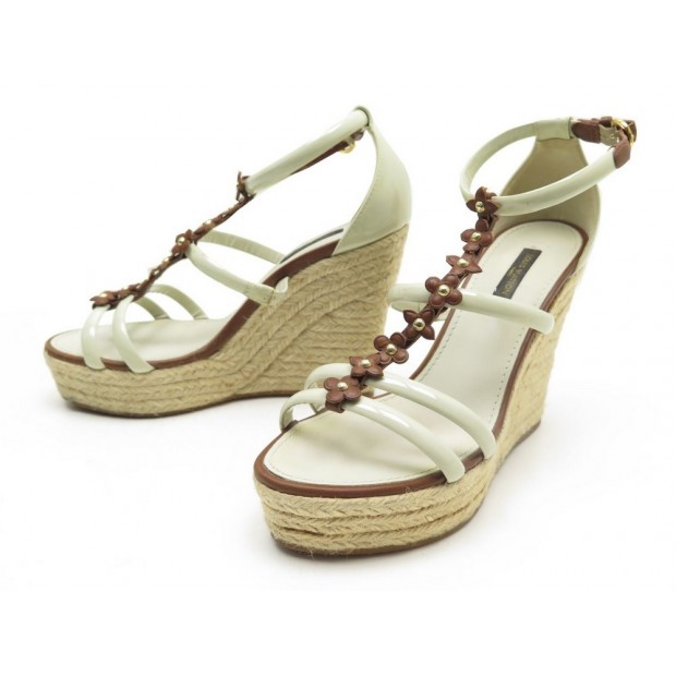 CHAUSSURES LOUIS VUITTON SANDALES A TALONS COMPENSES T37 CUIR CREME SHOES 650€